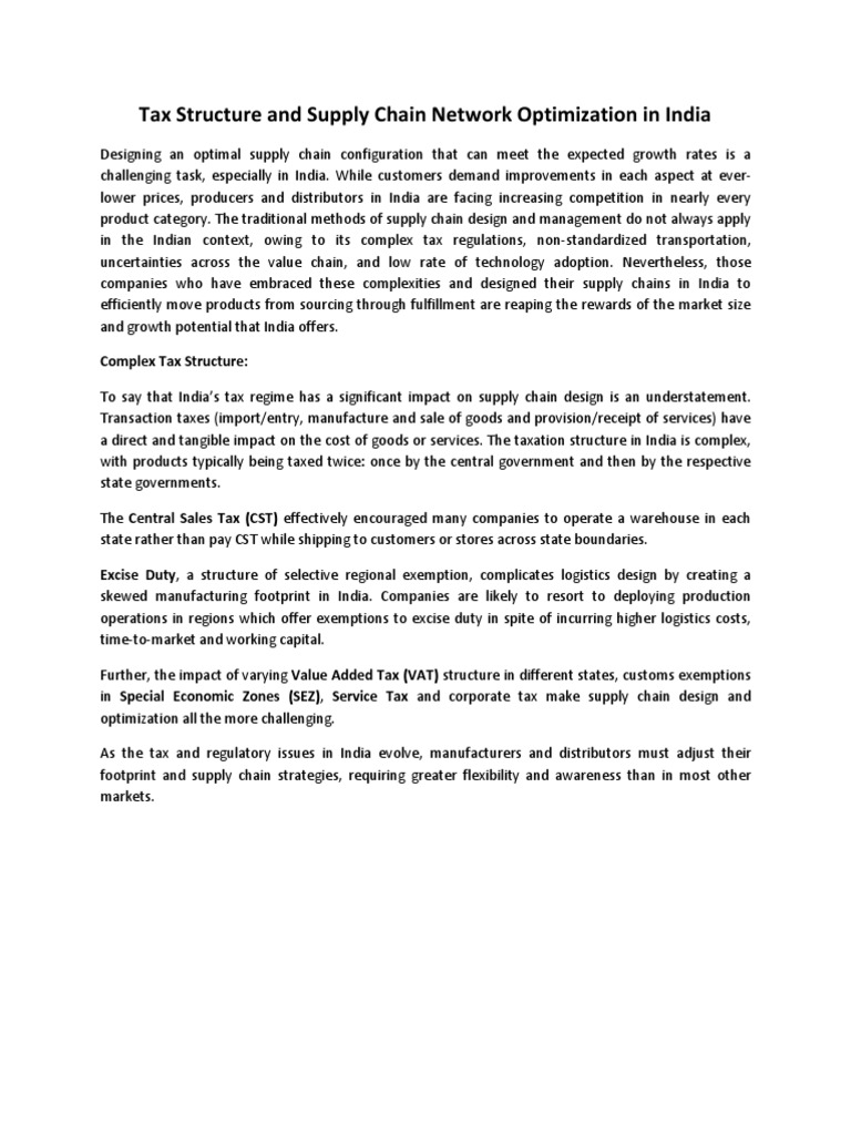 Tax Structure and Supply Chain Network Optimization in India | PDF
