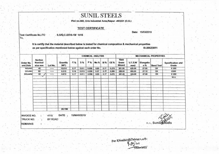 Mild Steel Round Bar Test Certificate | PDF | Nature