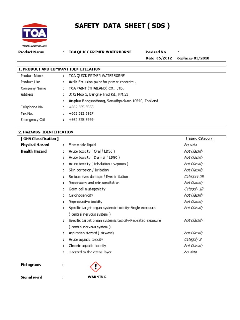 Sds Toa Quick Primer Waterborne en PDF Dangerous Goods Toxicity