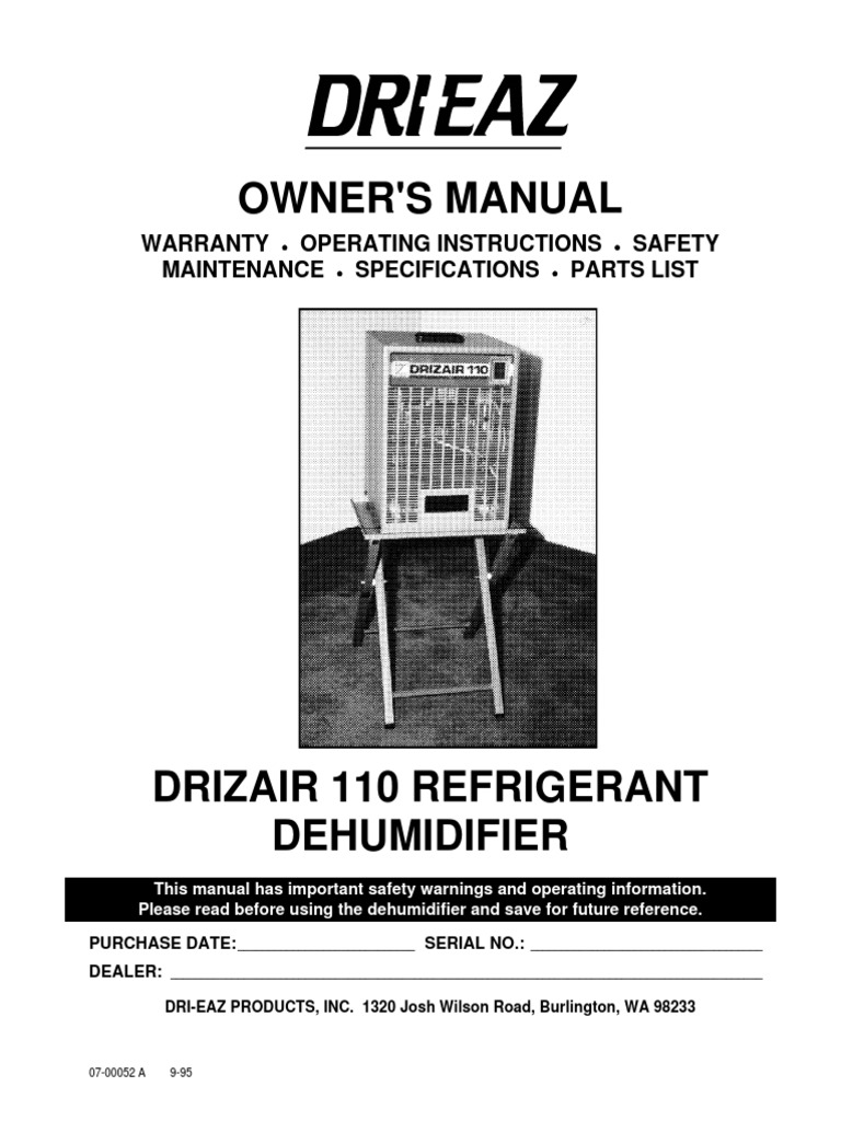 Drizair 110 Refrigerant Dehumidifier Manual PDF Relative Humidity Water Vapor