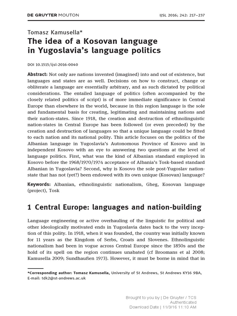 Kosovan Language in Yugoslav Politics | PDF | Kosovo | Socialist Federal Republic Of Yugoslavia