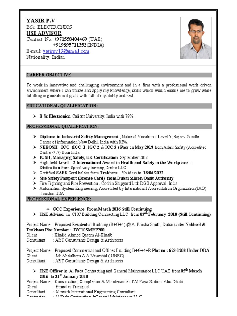 Yasir P.V: Hse Advisor +919895711352 (INDIA) | PDF | Risk 