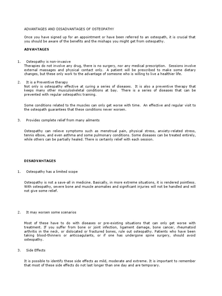 Advantages and Disadvantages of Osteopathy | PDF | Pain | Clinical Medicine