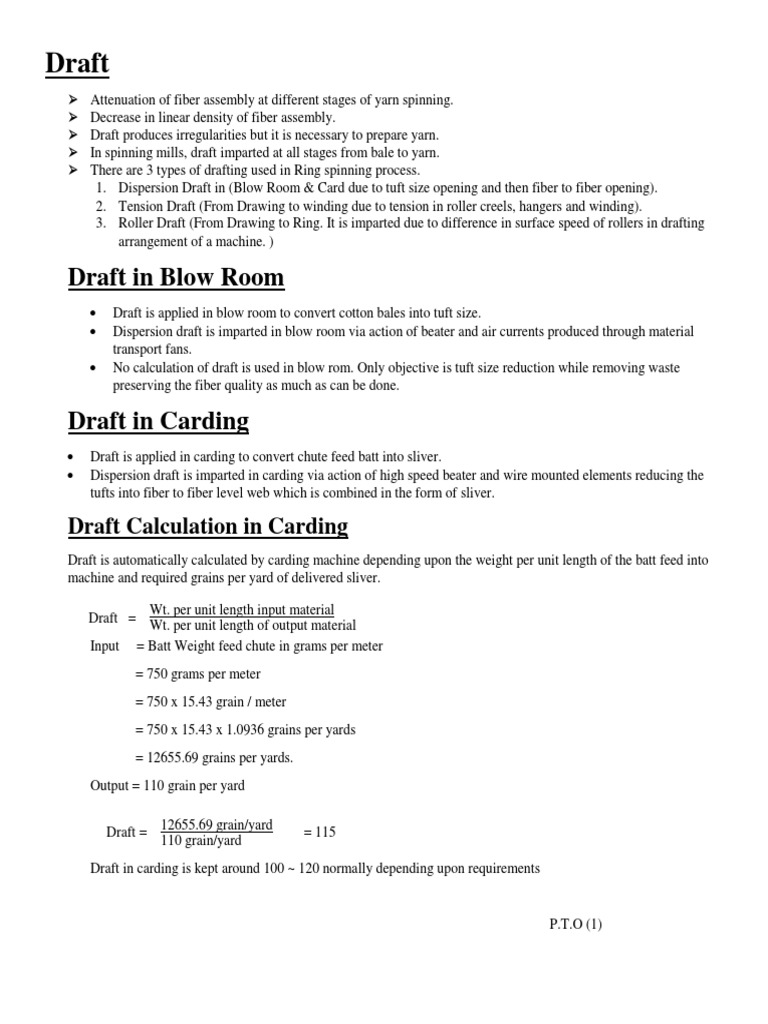 Draft Calculation in Yarn Spinning | PDF | Spinning (Textiles) | Yarn