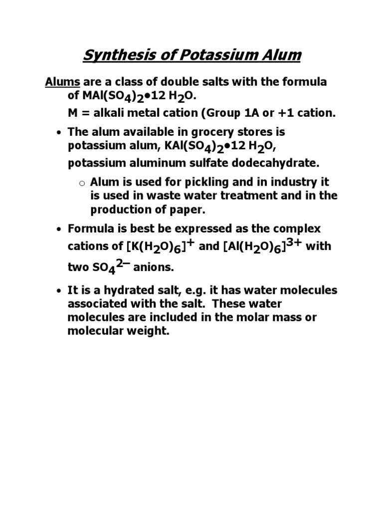 Synthesis of Potassium Alum PDF Mole (Unit) Sulfate