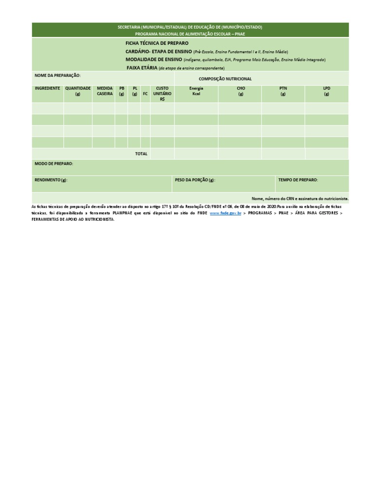Modelo de Ficha Tcnica de Preparo Pr-Escola Ensino Fundamental I e II  Ensino Mdio EJA | PDF, image size:768x1024