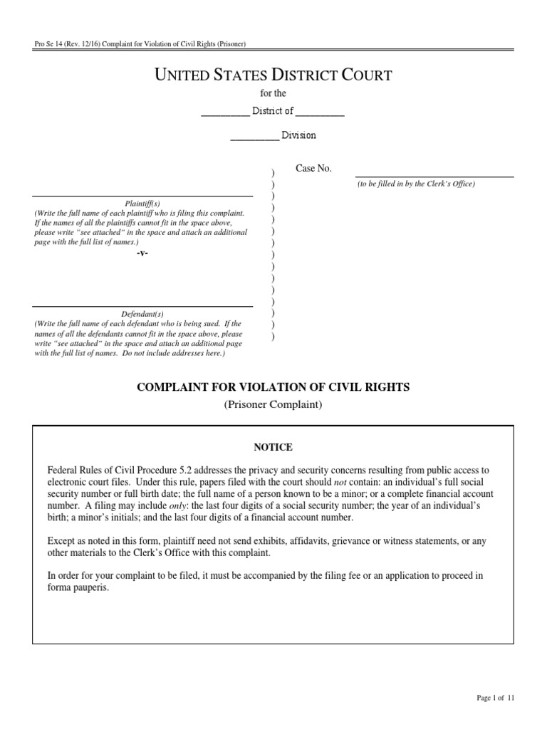 Prisoner Civil Rights Complaint Form | PDF | Bivens V. Six Unknown ...