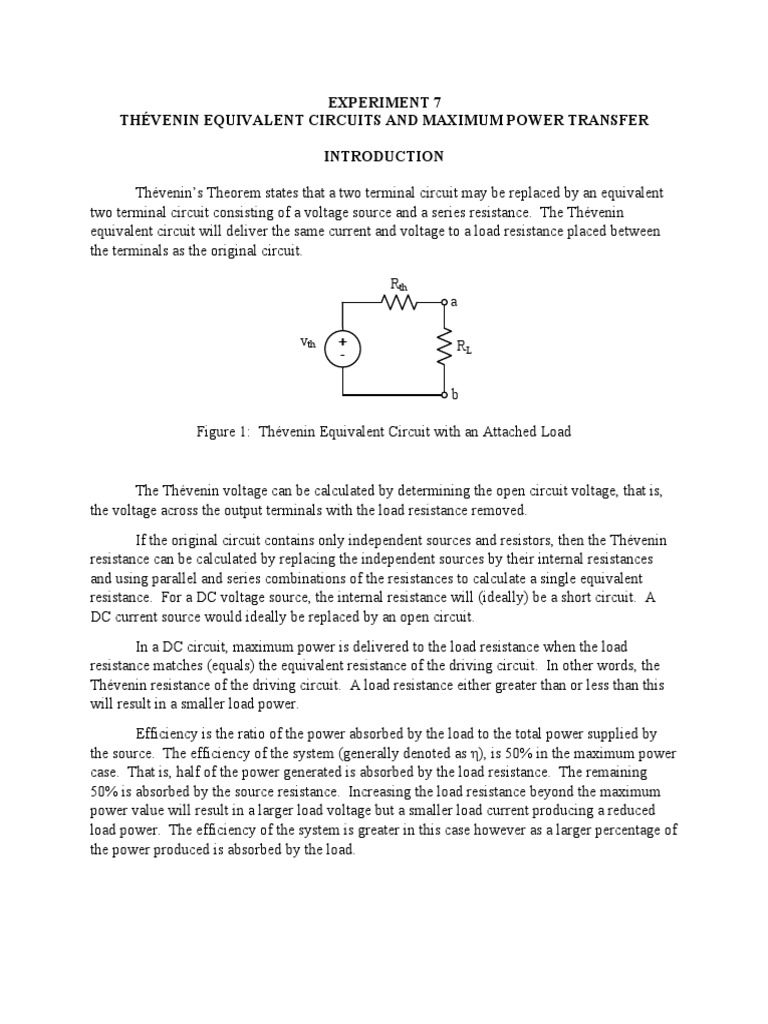 EXPERIMENT 7 Thevenin and Max Power Transfer | PDF | Electrical Network ...