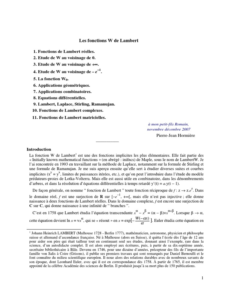 Fonctions W de Lambert et applications PDF Leonhard Euler — free download