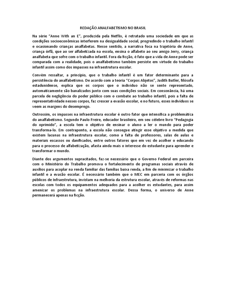 Redação Analfabetismo No Brasil | PDF | Alfabetização | Escolas