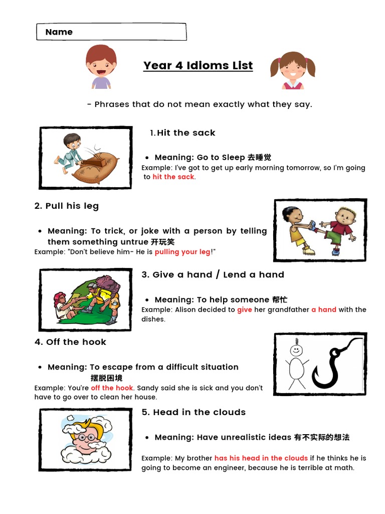 Year 4 Idioms List Hit The Sack PDF