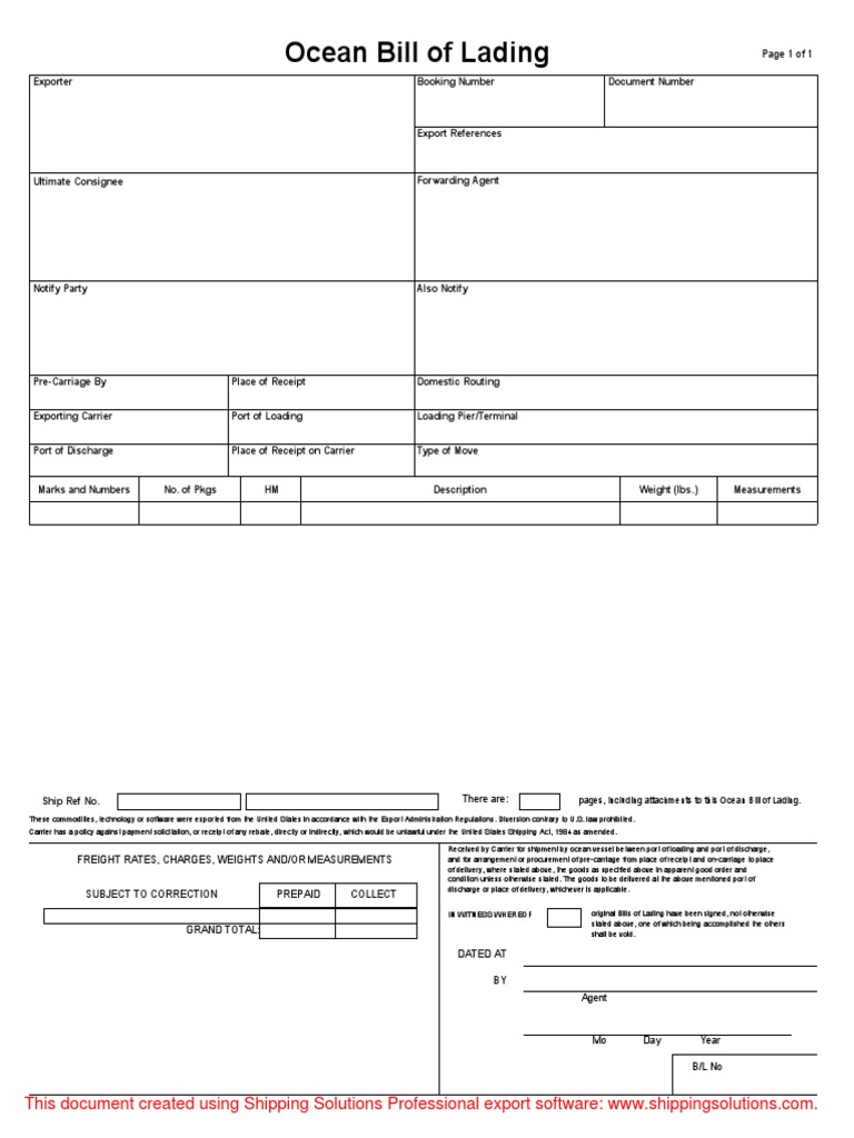 Ocean Bill of Lading PDF Bill Of Lading Cargo