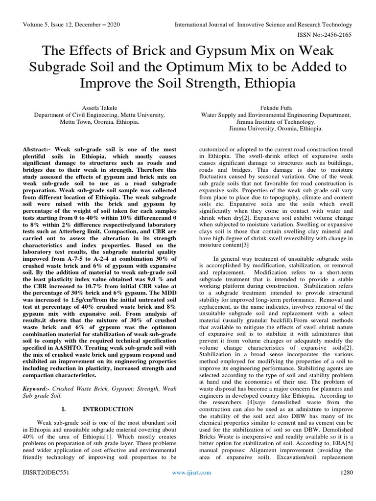 The Effects of Brick and Gypsum Mix On Weak Subgrade Soil and The
