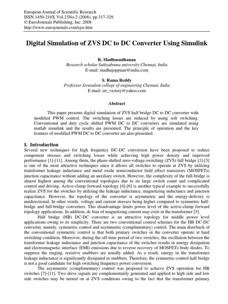 Digital Simulation of ZVS DC To DC Converter Using Simulink: Research ...