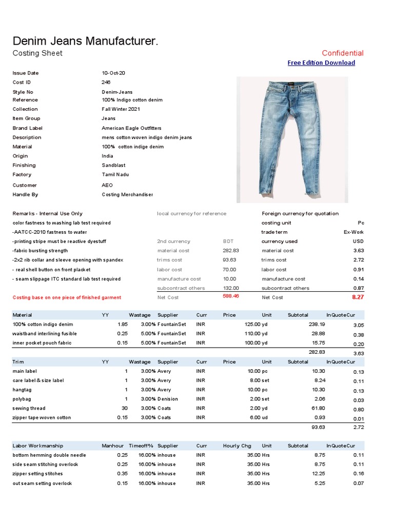 Denim Jeans Manufacturer.: Costing Sheet | PDF