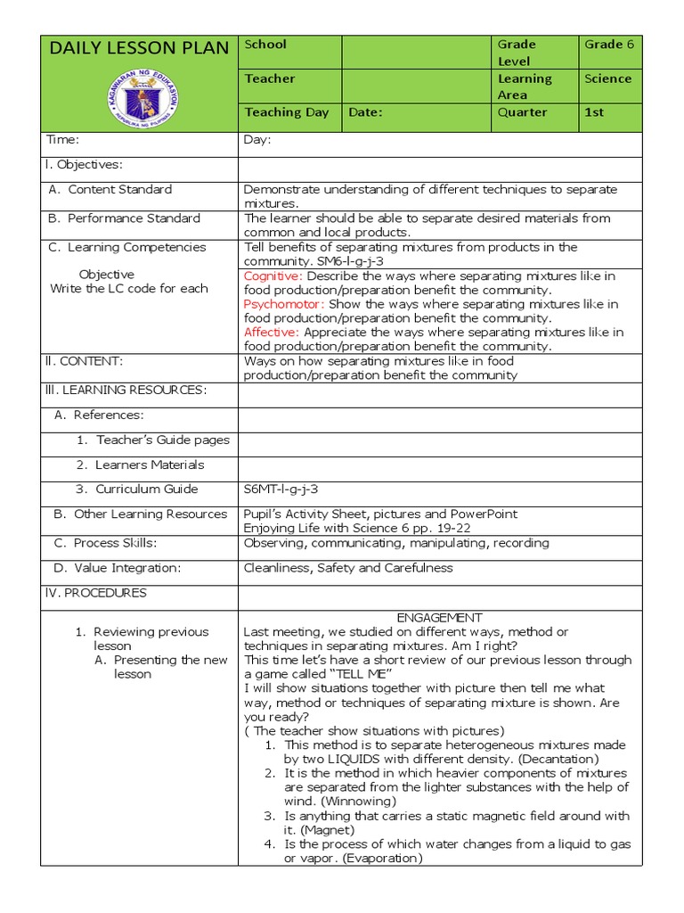 Grade 6 Science: Separating Mixtures | PDF | Filtration | Lesson Plan