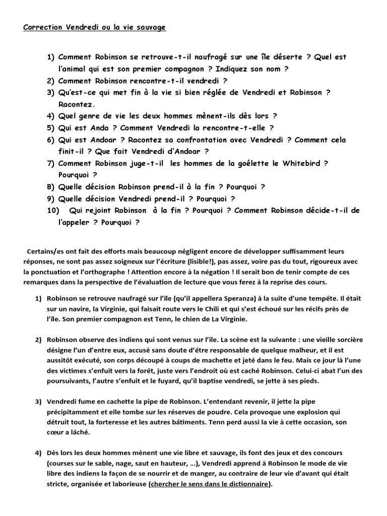 Vendredi Ou La Vie Sauvage Résumé Par Chapitre Correction Vendredi Ou La Vie Sauvage | PDF