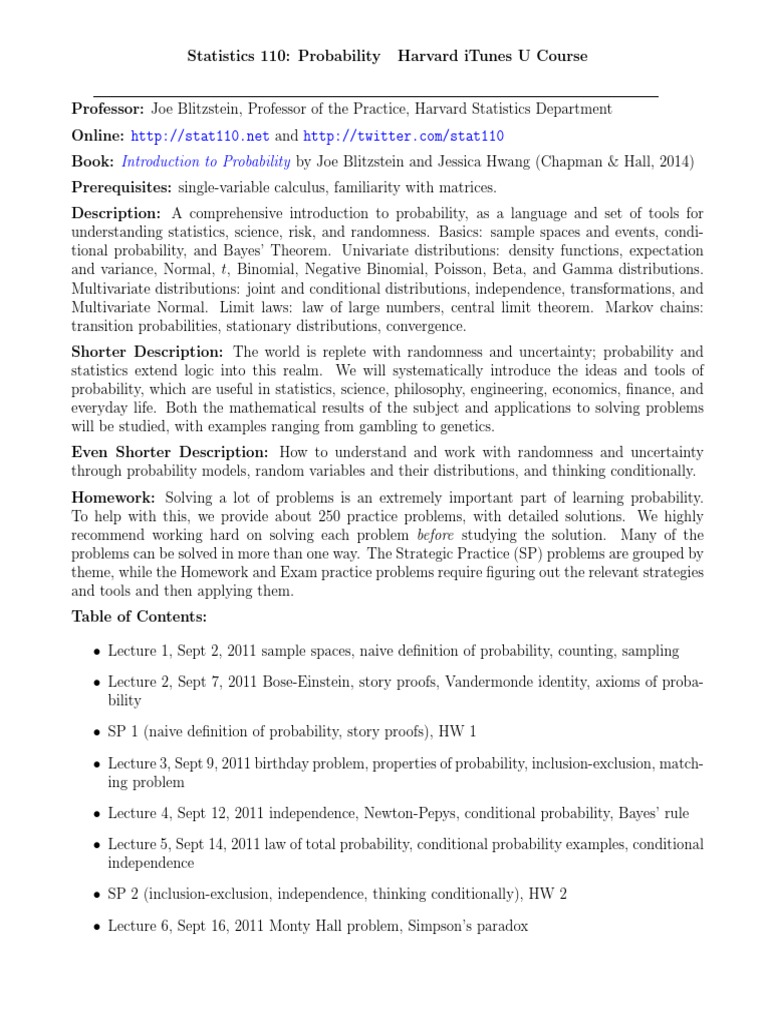 Harvard Statistics 110: Probability Course | PDF