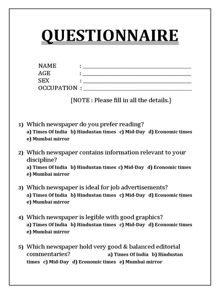 Questionnaire For Survey PDF Newspaper Publishing Newspapers