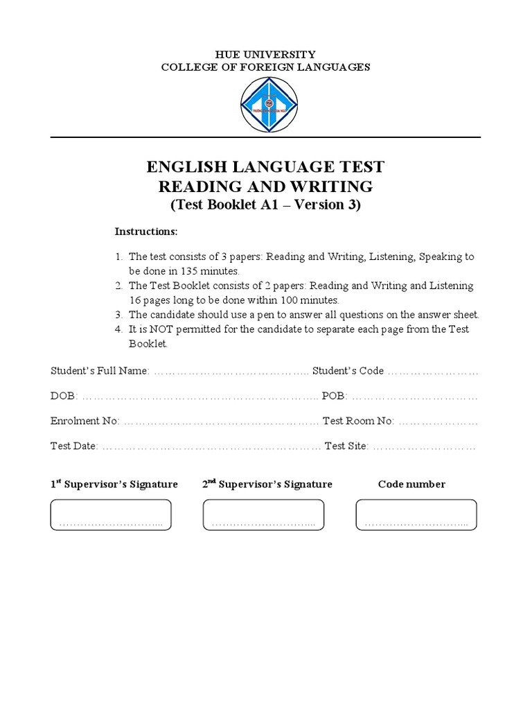 English Language Test Reading and Writing (Test Booklet A1 Version 3
