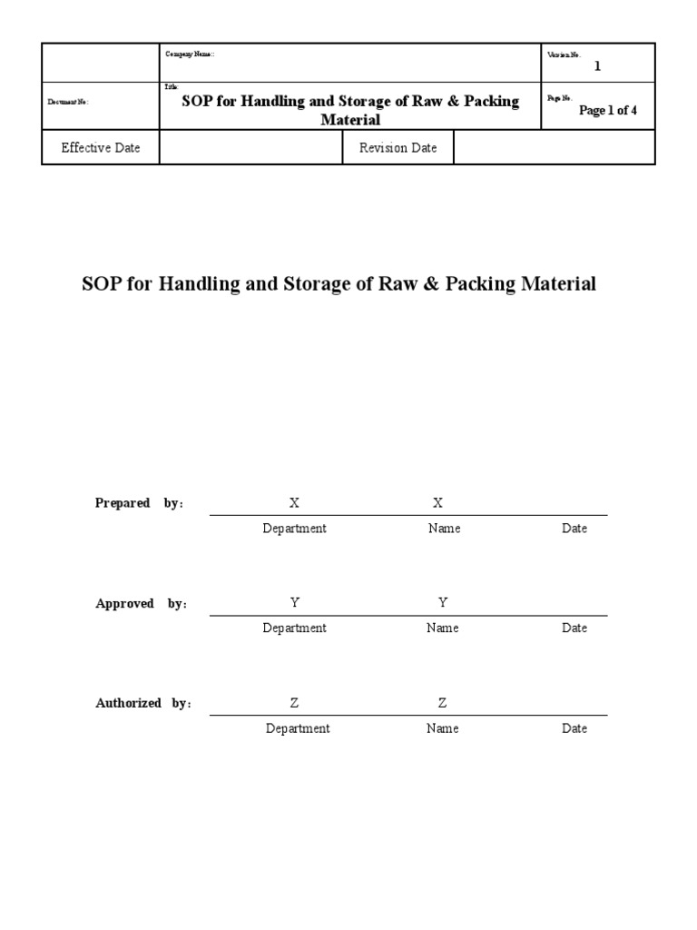 SOP For Handling and Storage of Raw & Packing Material PDF