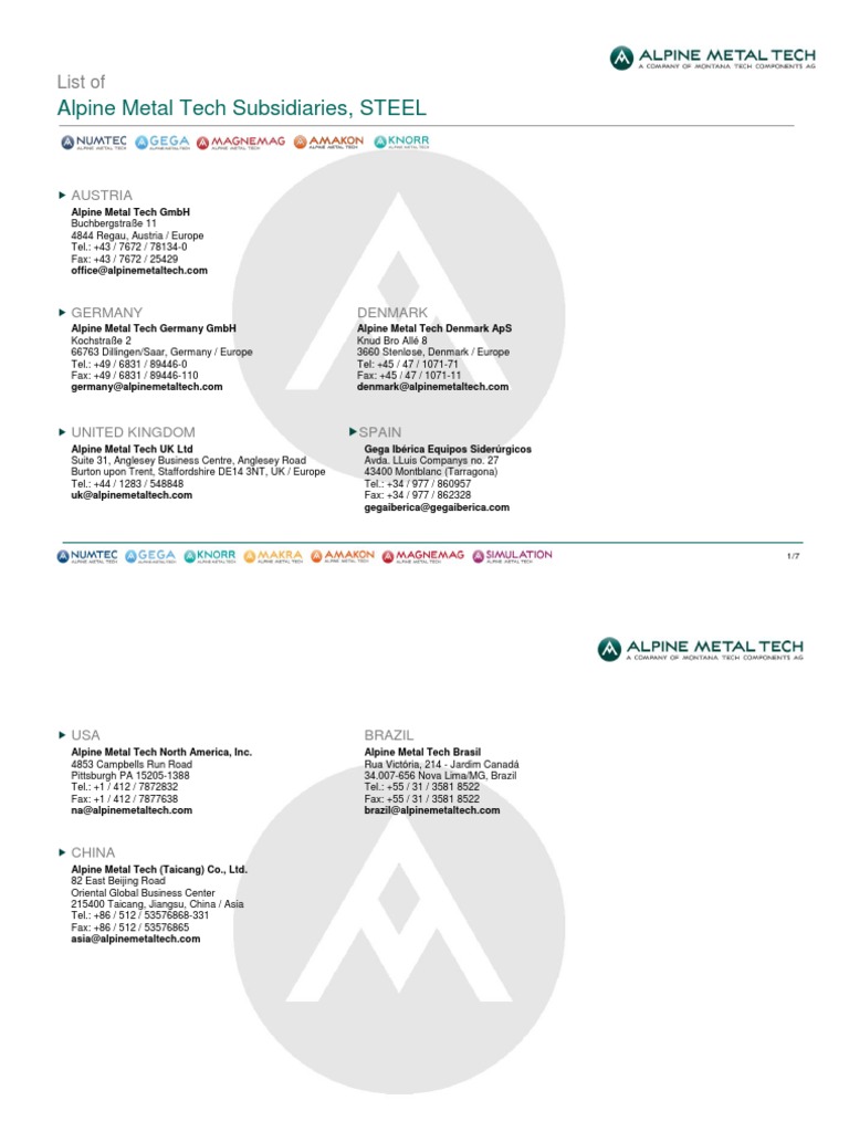 Alpine Metal Tech Global Subsidiaries List | PDF