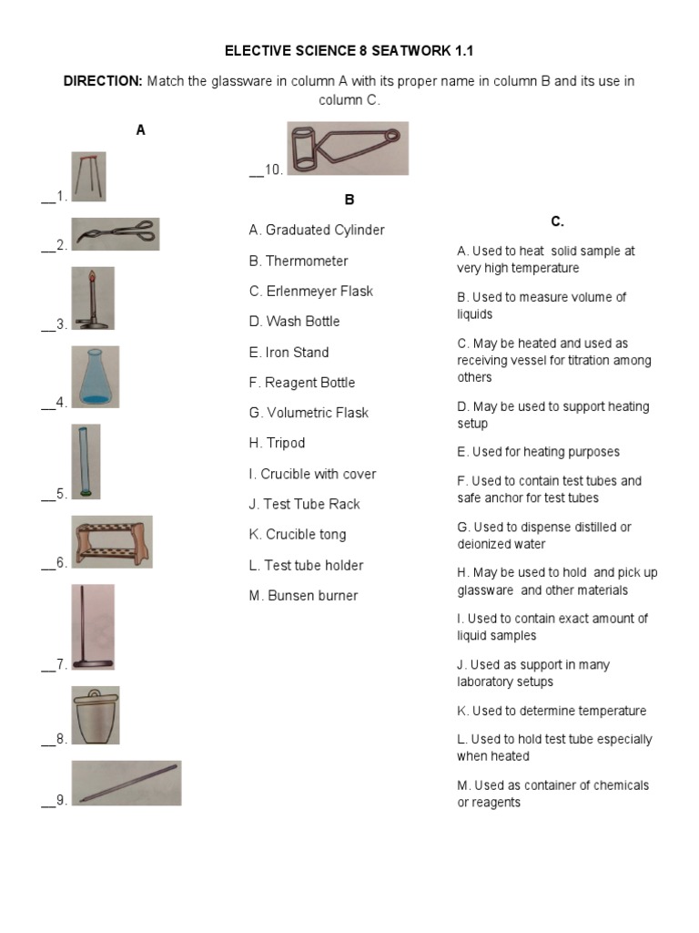 Elective Science 8 Seatwork 1.1 DIRECTION Match The Glassware in