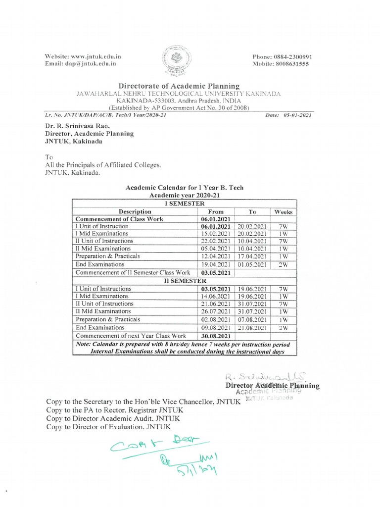 JNTUK Academic Calendar 202021 I B.Tech. PDF