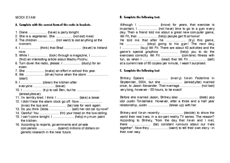 Mock Exam 1: Verb Forms Practice | PDF