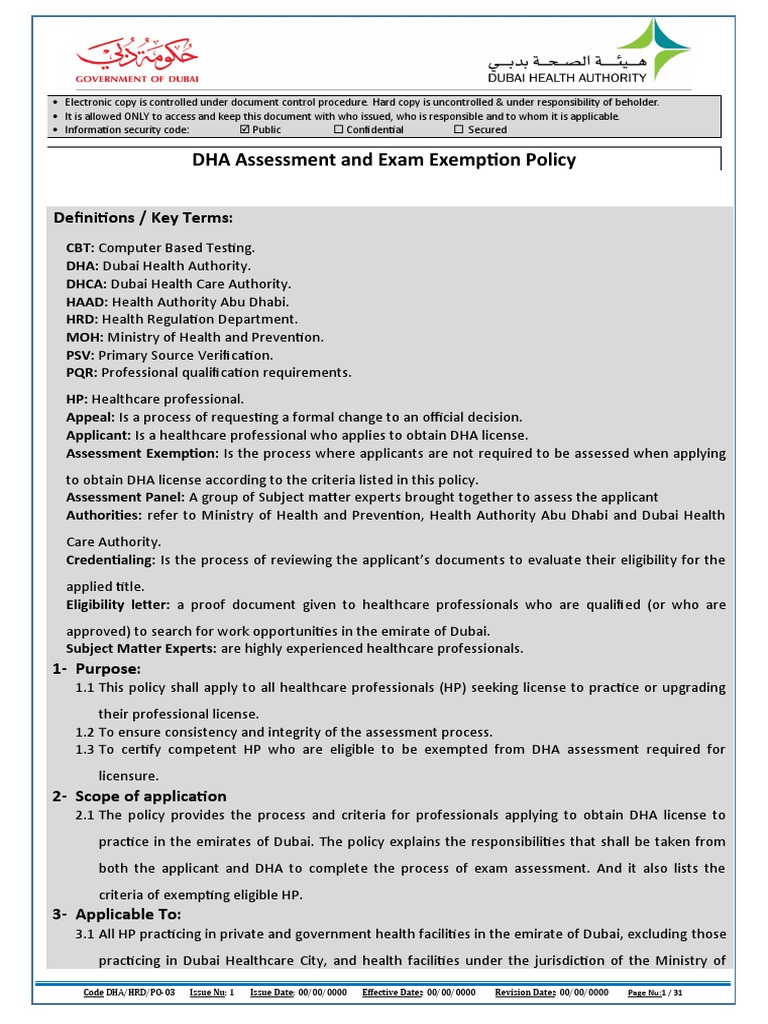 DHA Assessment and Exam Exemption Policy Definitions / Key Terms PDF