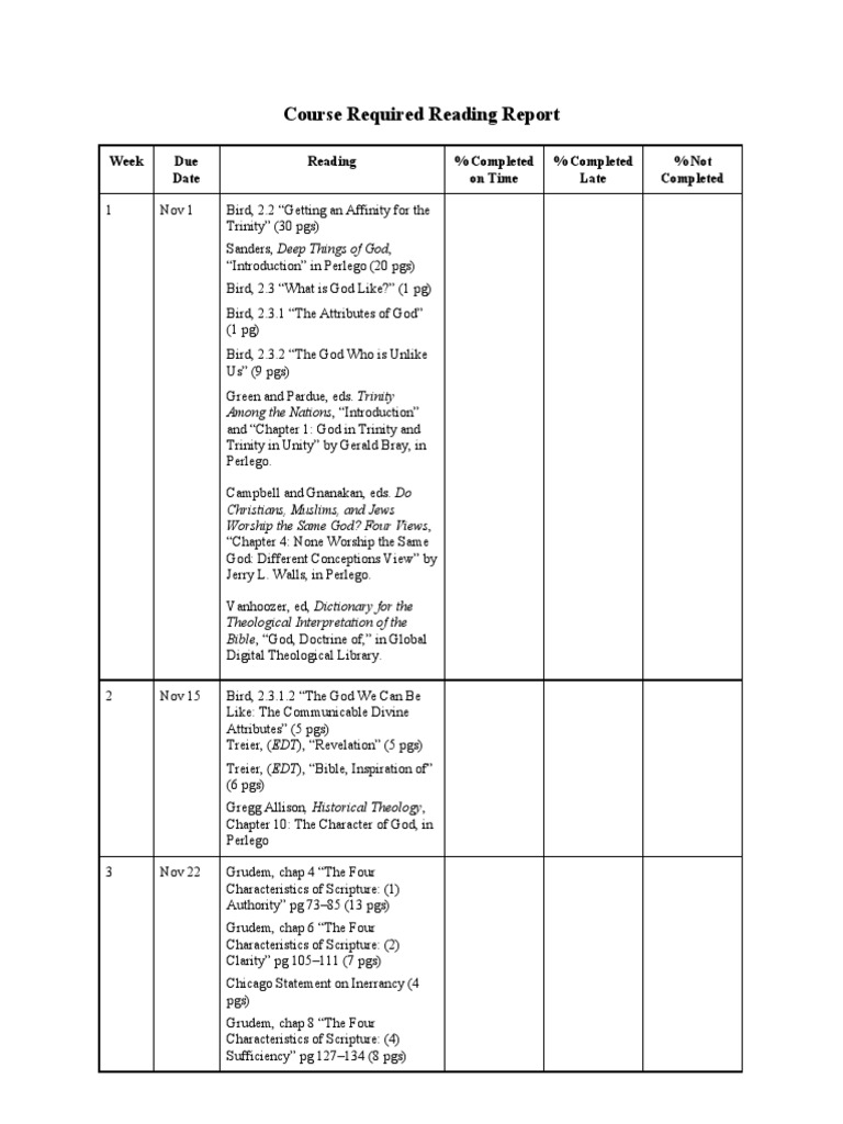 Course Reading Schedule and Progress Report | PDF | Trinity | Creation ...