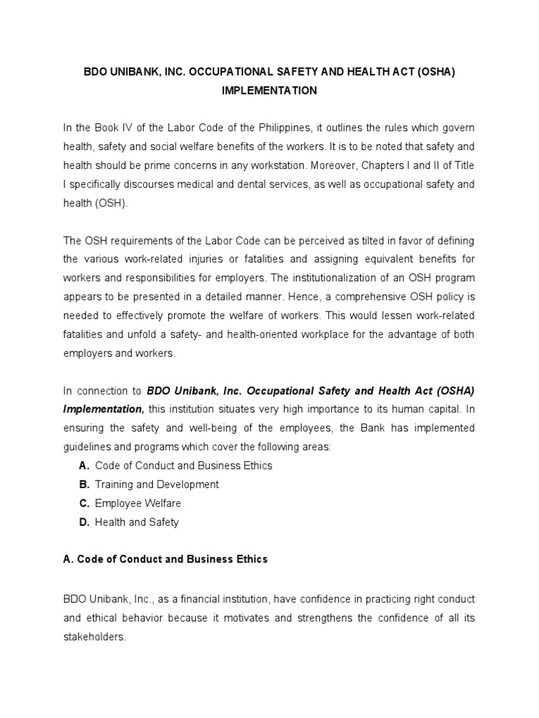 BDO Unibank OSHA Implementation Guide | PDF | Occupational Safety And ...