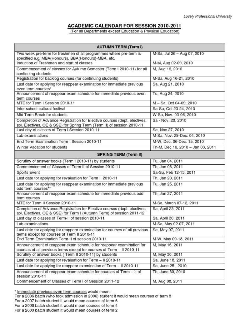 lpu calender Academic Term Schools