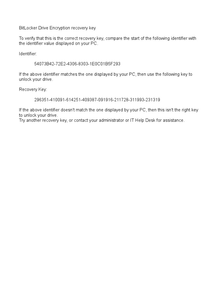 BitLocker Drive Encryption Recovery Key | PDF