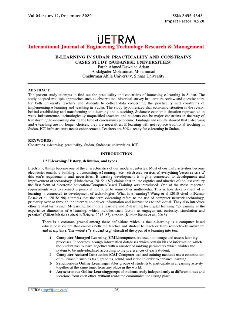 E-Learning in Sudan: Practicality and Constrains Cases Study (Sudanese
