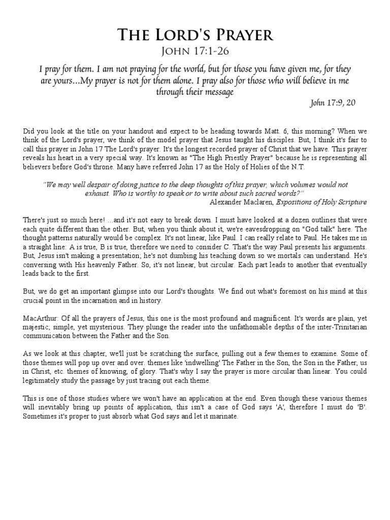 The Lord's Prayer John 17 Sanctification God The Father