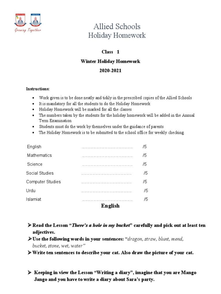 Class 1 Winter Holiday Homework 2020-21 | PDF | Double Click