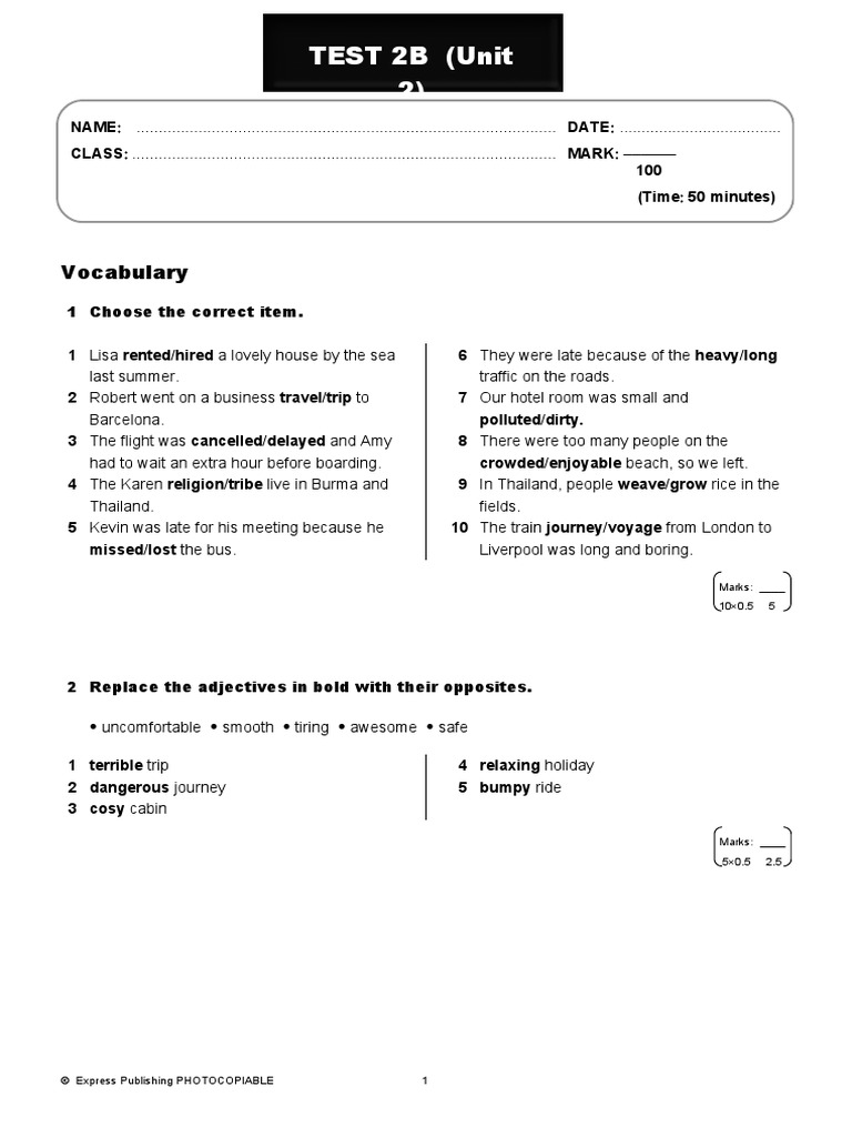 TEST 2B (Unit 2) : Vocabulary | PDF | Resort