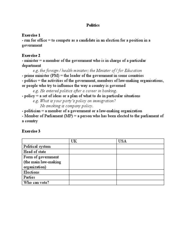 Politics Exercise 1: E.G. The Foreign / Health Minister The Minister of ...