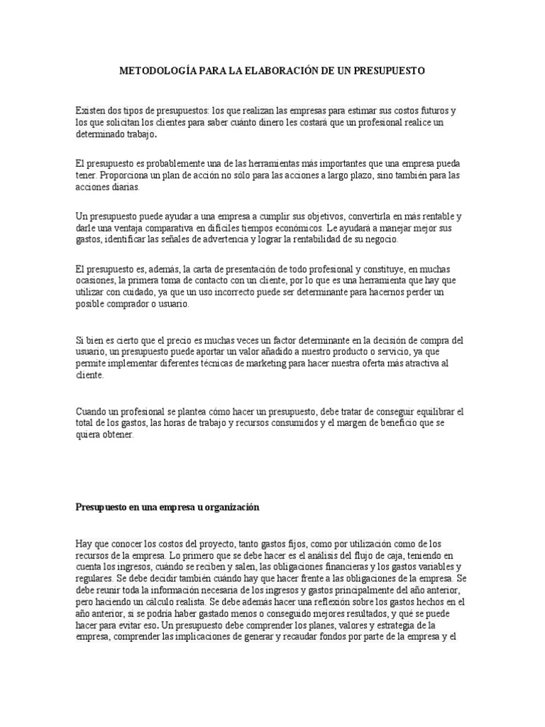 Metodología para La Elaboración de Un Presupuesto | PDF | Presupuesto ...