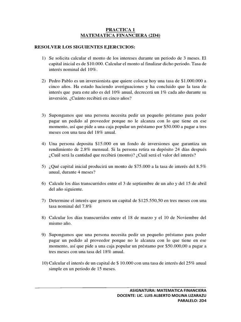 Ejercicios de Matemática Financiera 2D4 | PDF | Finanzas Matemáticas ...