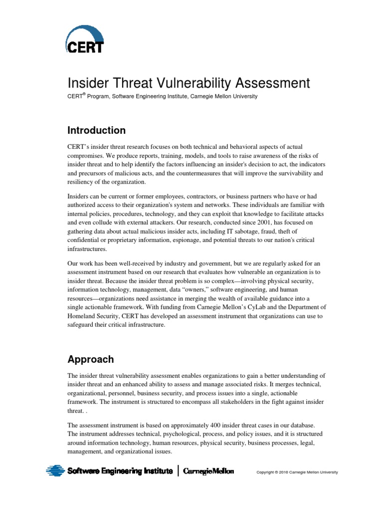 CERT InsiderThreatAssessmentJune2010 | PDF | Vulnerability (Computing ...