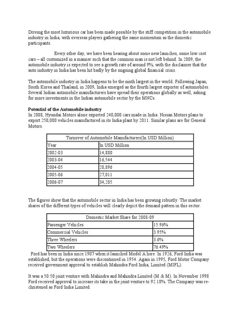 Potential of The Automobile Industry PDF Ford Motor Company Net