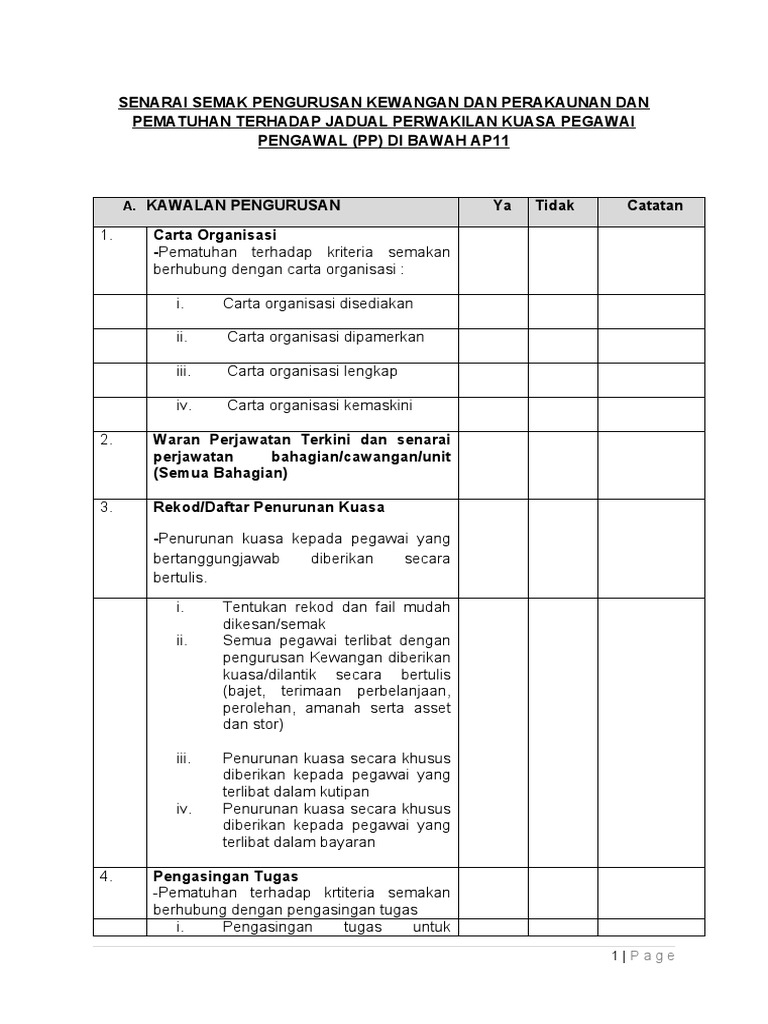 (A) Senarai Semak Kawalan Pengurusan | PDF