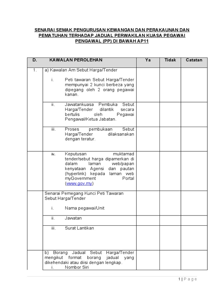 Senarai Semak Perolehan Tender Kerajaan | PDF