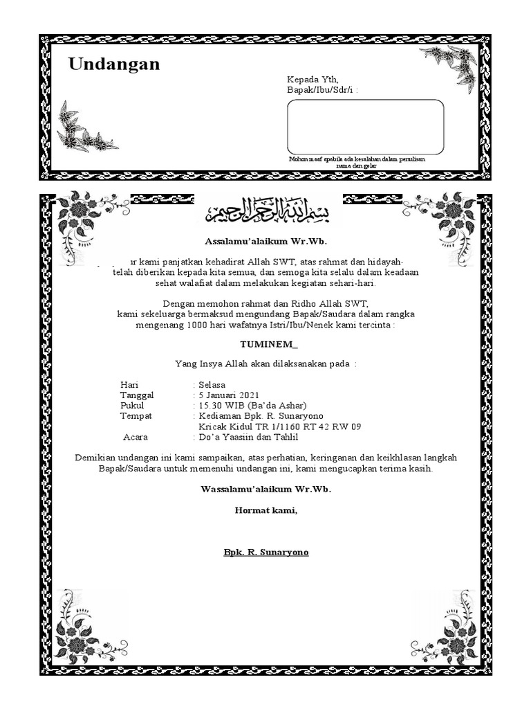 Contoh Undangan Yasinan 1000 Hari | PDF