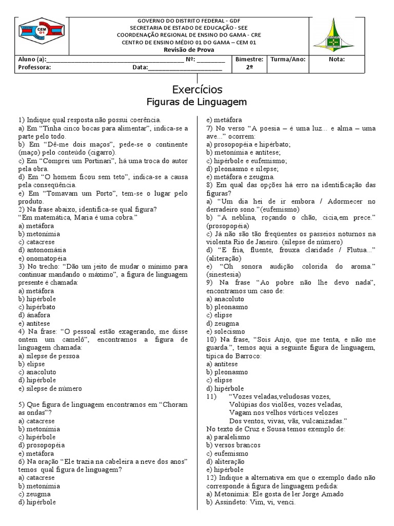 Exercícios sobre Figuras de Linguagem | PDF | Técnicas de retórica ...