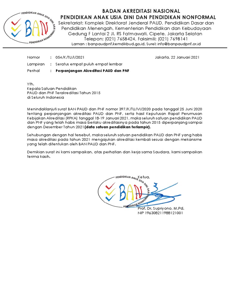 054 Surat Perpanjangan Akreditasi Lembaga Paud Dan Pnf Pdf