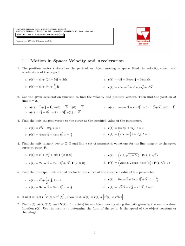 Taller N 2 Funciones Vectoriales Ii Pdf Curvature Acceleration