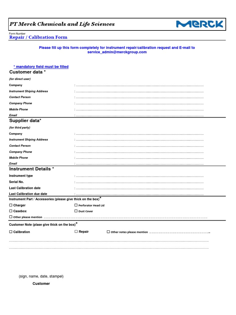Repair and Calibration Request Form (Blank) 11 PDF Information